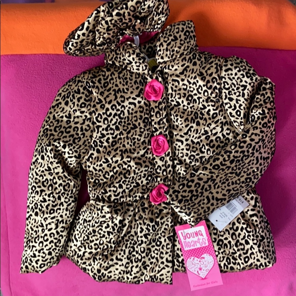 Girls gold leopard rosette puffer coat and hat